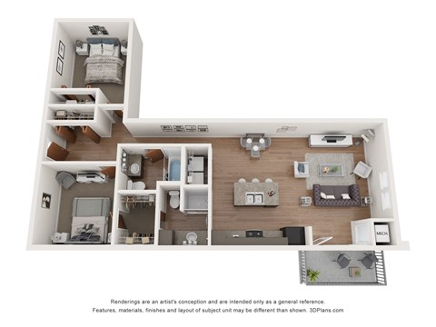 Floor plan for 2 beds, 2 baths, 1092 sqft